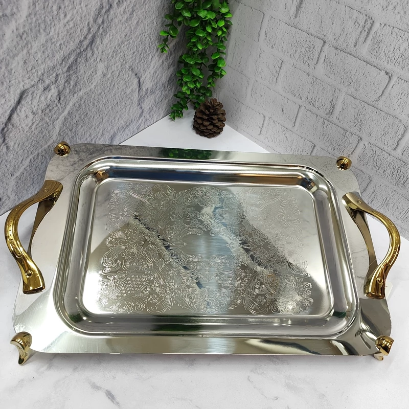 سینی استیل پذیرایی پایه دار بزرگ طلایی