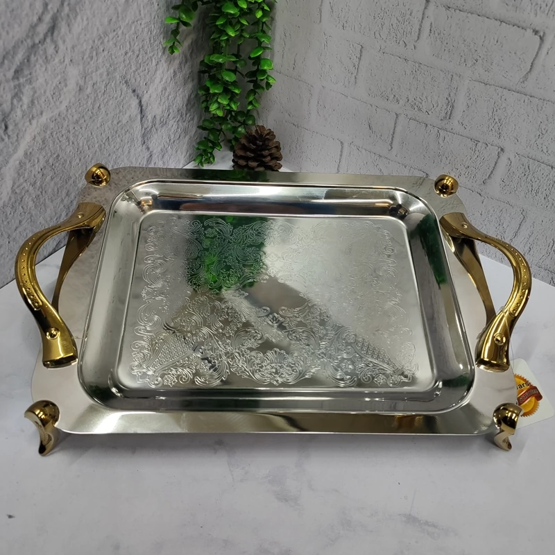 سینی استیل پذیرایی پایه دار طلایی