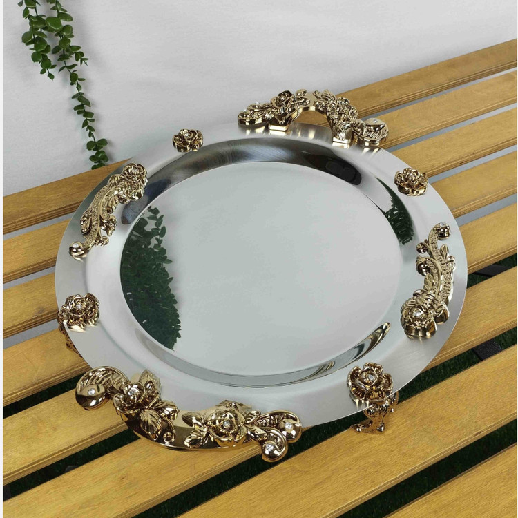 سینی پذیرایی استیل پایه دار گرد بزرگ(نگار)