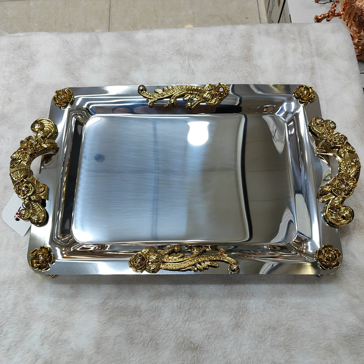 سینی استیل پذیرایی پایه داردسته طلایی بزرگ(نگار)
