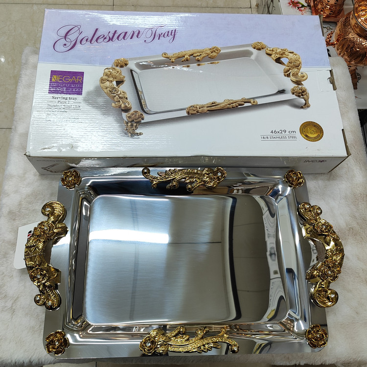 سینی استیل پذیرایی پایه داردسته طلایی بزرگ(نگار)