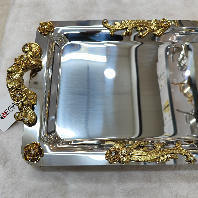 سینی استیل پذیرایی پایه داردسته طلایی بزرگ(نگار)
