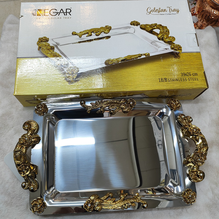 سینی استیل پذیرایی پایه دار دسته طلایی(نگار)