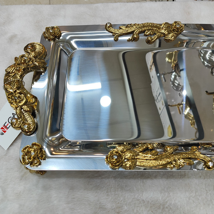 سینی استیل پذیرایی پایه دار دسته طلایی(نگار)