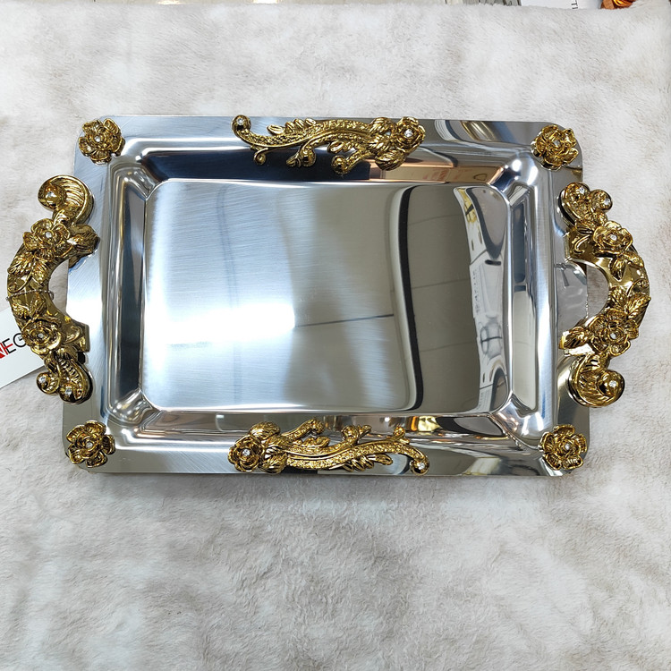 سینی استیل پذیرایی پایه دار دسته طلایی(نگار)