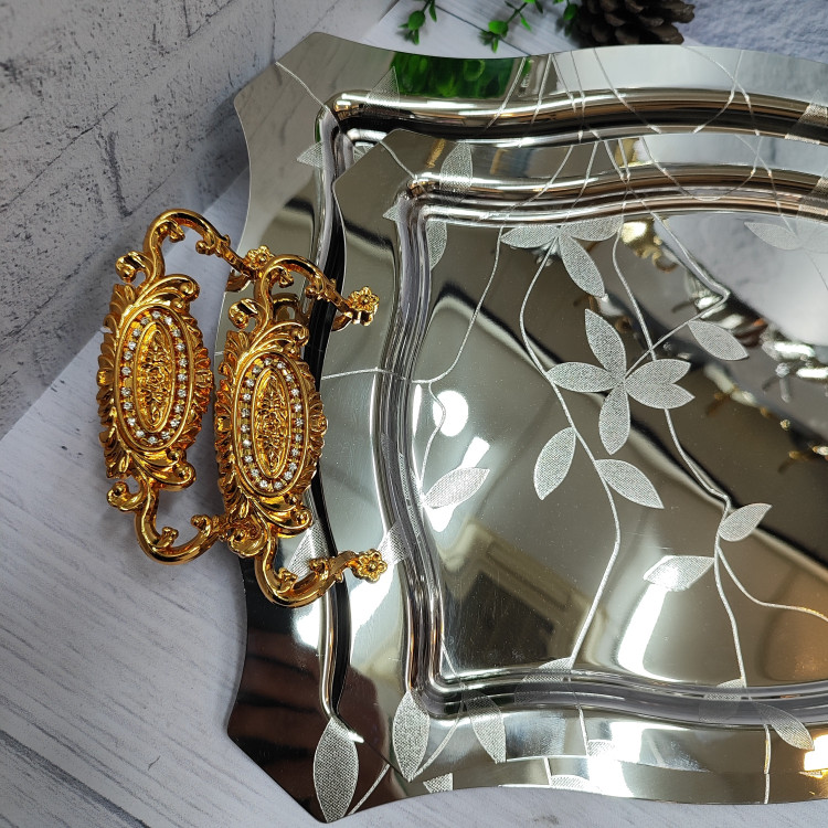 سینی پذیرایی استیل جفتی دسته طلایی برند(یونی هوم)